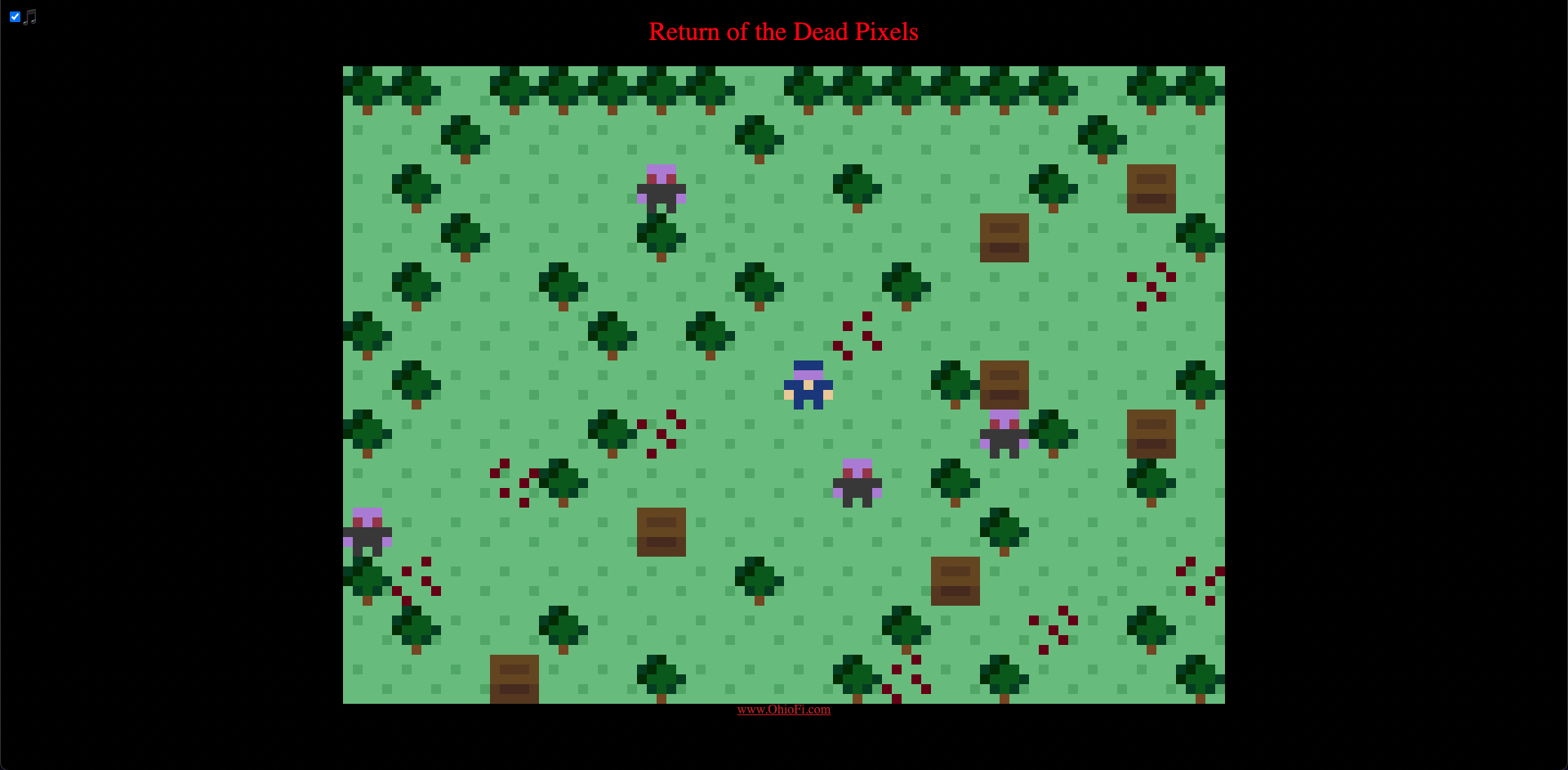 Screen shot from the video game 'Return of the Dead Pixels' showing player surrounded by zombies